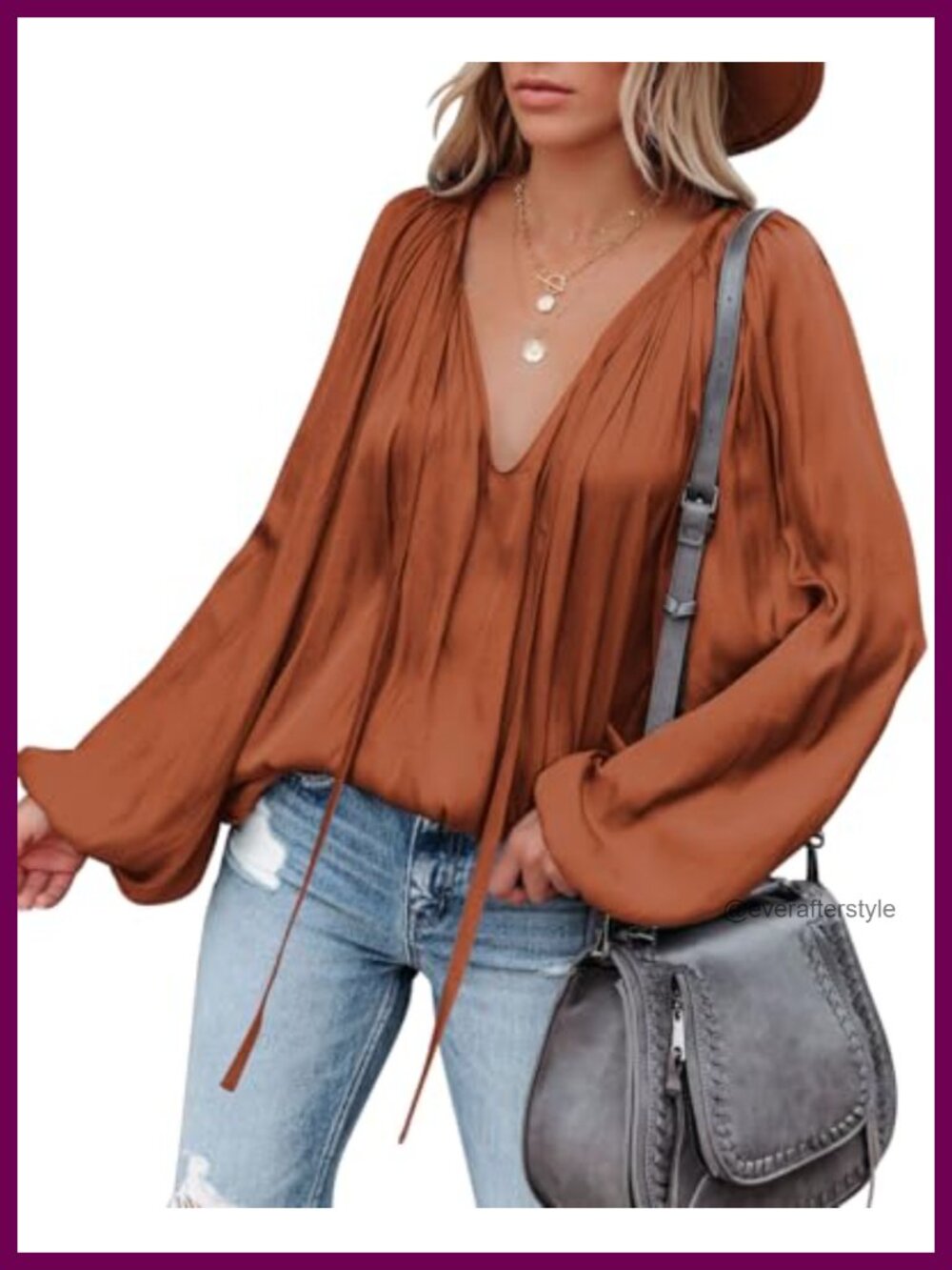 Womens Satin Blouse Bell Sleeve Deep V Neck Loose Flowy Tunic Top